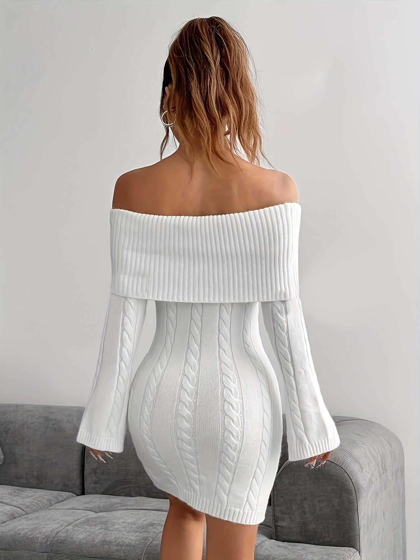 1pc Elegant Off-Shoulder Knit Polyester Sweater Dress - Solid Color Fashion Casual Style with Cable Pattern